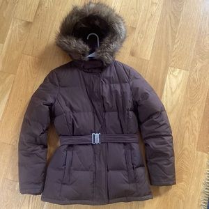 Womens Down zip up with faux fur hooded brown jacket with belt